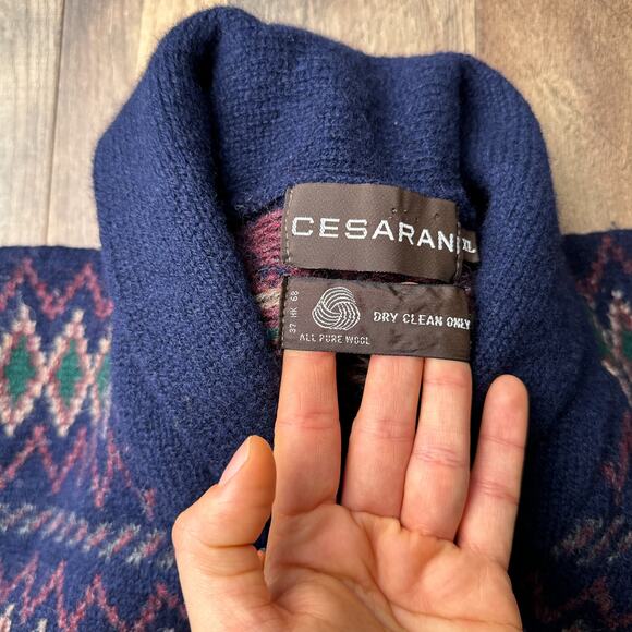 Vintage 100% Wool Knit Fair Isle V Neck Sweater Men's XL Blue Cesarani - Picture 5 of 10